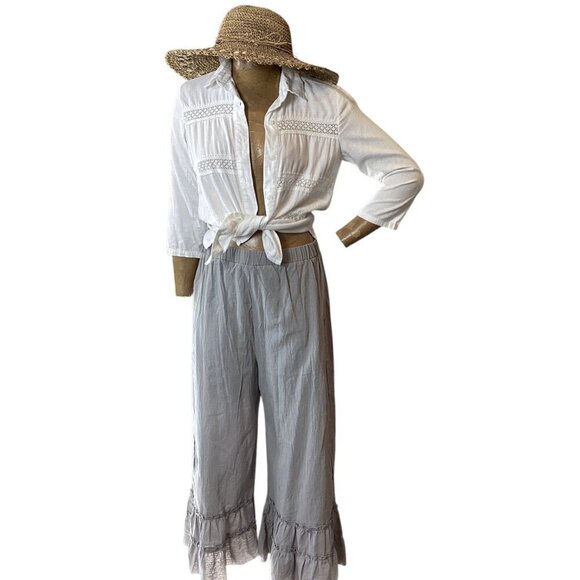 Beachy 3-Piece Set: Crop Ruffle Pant Linen Button-Up Top Sz S Seagrass Hat 329A - Picture 3 of 16